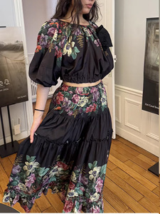 Women's French Sweet Waist-<b>Tie</b> 3D Floral Lantern Sleeve Top & A-Line Skirt 2-Piece <b>Set</b> - Product Image 3
