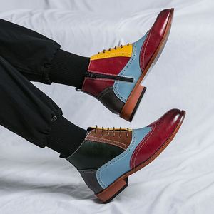 Bottines pour hommes à blocs de couleur en cuir véritable à lacets, bout pointu, tendance mode toutes saisons, style patchwork - Product Image 3