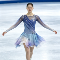 Robe de patinage artistique bleu-violet dégradé, manches longues en maille, dos en V profond, ornée de strass, pour femmes et filles, compétition, spectacle sur glace