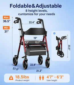 Déambulateur pliant Seniors Z21 avec siège en bambou, roues tout-terrain de 8 pouces, capacité de 350 lb, design ergonomique en arc, léger et réglable en hauteur - Product Image 2