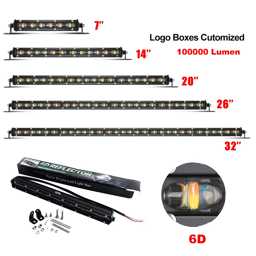 2021 새로운 고성능 6D 슈퍼 슬림 7 "14" 20 "26" 32 인치 12V Barra Led 바 Offroad 4x4 자동차 듀얼 컬러 스트로브 라이트 바