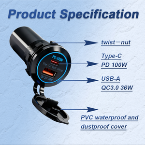 Cargador PD de 100W Tipo-C para Auto de 12-24V con QC3.0 y Puerto AUX, Puertos Duales para Teléfonos Móviles y Computadoras - Product Image 5