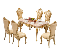 Table à manger royale européenne rectangulaire en chêne sculpté avec plateau en marbre, ensemble de table et chaises de haute qualité