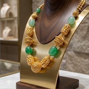 Antique 925 Silver <b>Necklace</b> with Dark Light Green Beads Long Chain Mala <b>Statement</b> Jewelry for Women Wedding Gift Party Wear - Product Image 3