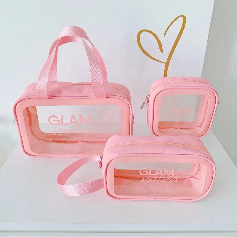 Women pink PVC cosmetic bag waterproof clear saffiano cosmetic bag frosted makeup leather pouch