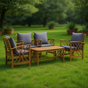 Set Lounge da Giardino in Teak con Cuscini Grigio Scuro, 4 Posti, Arredamento da Esterno dal Design Contemporaneo - Product Image 2