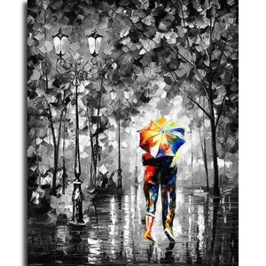 Modern Style Canvas Art Dancing In The Rain Black White Color Night-scape Knife Oil Painting With Heavy Paints