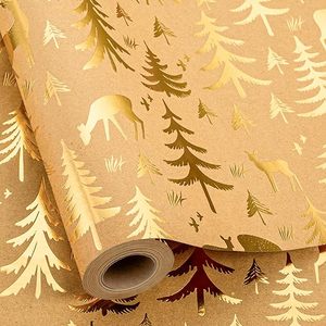 Papel de Regalo Navideño Grueso de Kraft, Reciclable, con Diseño de Reno y Árbol de Navidad en Dorado, Color Marrón - Product Image 2