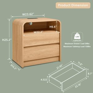 Phoenix Home cao đầu giường hiện đại đặt 23.6 \ "Bàn Cạnh Giường gỗ rộng 2 ngăn kéo lưu trữ Trạm Sạc Cuối Thế Kỷ - Product Image 3