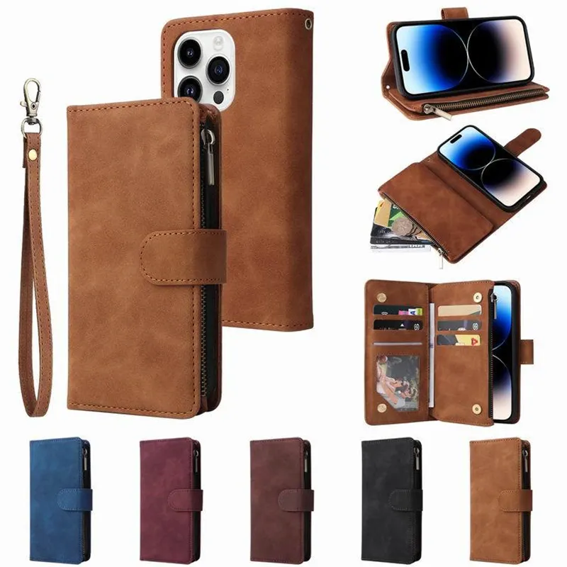 Business Leather Wallet Stand Card Holder Cover Zipper Phone Case For iPhone 14 13 12 11 Pro Max X XS XR 8 7 Plus SE