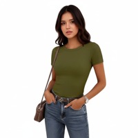 Nouveau T-shirt côtelé en polyester extensible à manches courtes et col rond pour femme, style européen et américain, couleur unie, simple, collection été