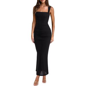 Abito lungo da donna per invitati a matrimoni estivi, senza maniche, scollo quadrato, arricciato, aderente, elegante, da cocktail, in rete trasparente - Product Image 1