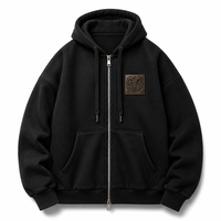 Sweat à capuche homme noir ultra lourd 500 g/m² avec logo personnalisé OEM, double fermeture éclair, patch en cuir tête de taureau gothique