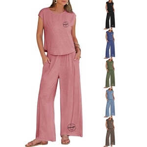 ชุดวอร์มกางเกงขากว้างแขนสั้นสองชิ้นสำหรับผู้หญิงชุดวอร์มกางเกงแฟชั่นลำลองสวมใส่สบายสำหรับฤดูร้อน - Product Image 4