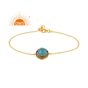Pulsera de Cadena para Mujer con Gema de Calcedonia Azul y Circonitas, Bañada en Oro de 18k sobre Plata de Ley, Joyería al por Mayor - Product Image 1