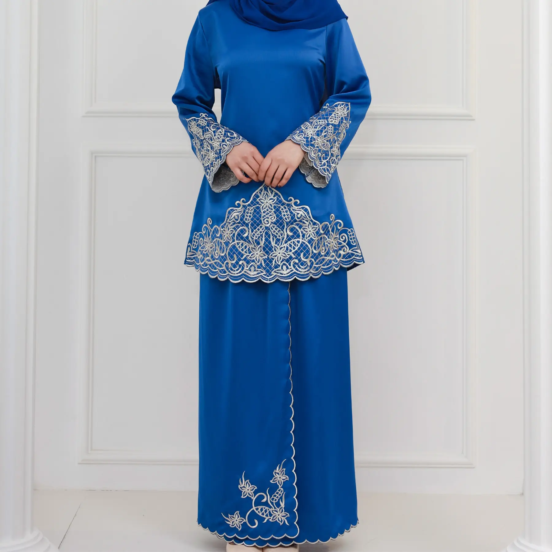 Wholesale New Design Fashion Malaysian Fine Embroidery Pattern Polyester Middle East Two Piece Set