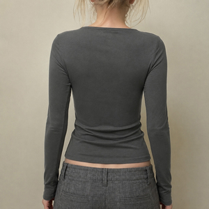 Women's Grey U-Neck Long Sleeve T-<b>Shirt</b> Button Detail Slim Fit <b>Y2K</b> Style Designer High Quality Casual Top - Product Image 6