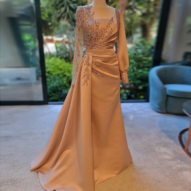 Lscz197 Rose Gold Long Sleeves Muslim Evening Dresses For Women Wedding Party Mermaid Arabic Dubai Formal Dinner Gowns