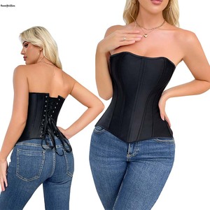 Plus Size XS-XXL Push up Gothic Corsage Corselet Women's White <strong>Wedding</strong> Cropped <strong>Top</strong> Satin Overbust Corset With Zip - Product Image 3