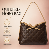 Tas Hobo Wanita Model Quilted, Bahan Kulit Cokelat, Cocok untuk Musim Panas, Dingin, dan Gugur, Dilengkapi Pita, Tali Selempang, dan Ritsleting, Warna Emas