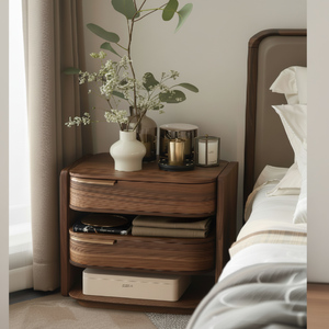 Elegante mesita de noche de madera de nogal con bordes curvos, dos amplios cajones de almacenamiento, y estantería abierta, disponible a precios al por mayor - Product Image 1