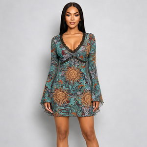 Robe moulante courte pour femme, style bohème, imprimé floral, en mousseline de soie, avec bordure en dentelle, manches longues, col en V, avec superposition transparente, pour soirée ou tenue décontractée - Product Image 1