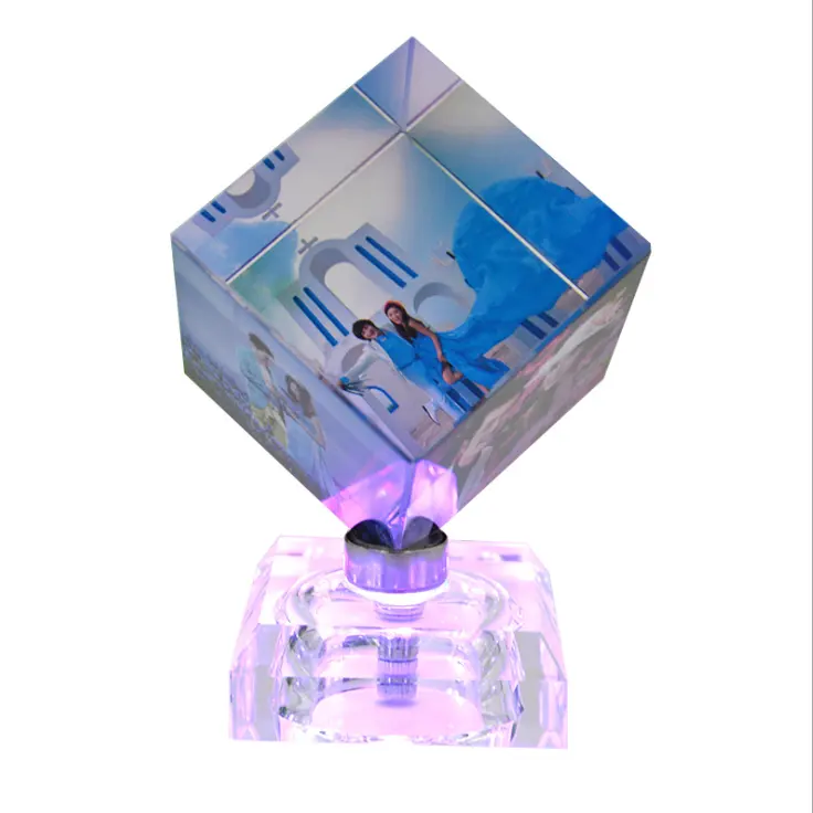 Cubo de cristal con foto digital 3d, base giratoria led colorida, imagen personalizada para amantes