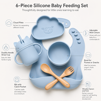 Ensemble d'alimentation pour bébé en silicone motif animaux mignons avec tasse à bec verseur et ustensiles en bois – Vente en gros