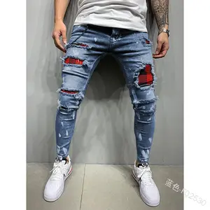 Re Mcgreen Star nuovi uomini Skinny strappati Jeans a griglia con toppe endotecium pantaloni attillati elasticizzati Casual pantaloni a matita in Denim
