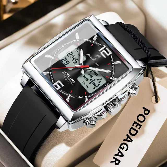 POEDAGAR E109 Quartz Digital Men's Watch Casual Multifunction Sports Electronic LED Dual Display Silicone Waterproof Men Watches
