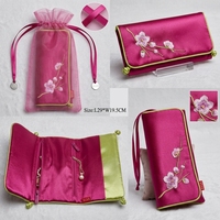 Pochette de voyage pliable en satin brodé de fleurs, mini sac à bijoux avec fermeture éclair, motif fleur de prunier, sac de rangement en maille pour femme