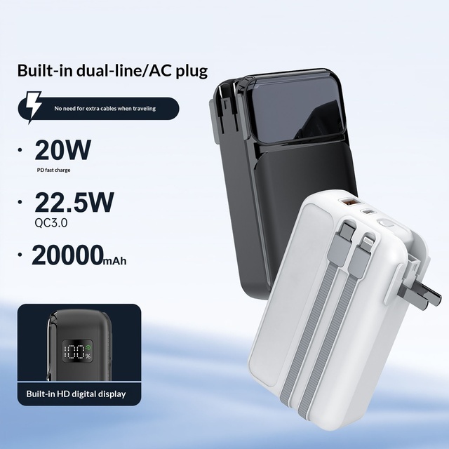 10000mAh/20000mAh Fast-Charging 2-in-1 Mobile Power Bank with Foldable AC Charger Built-in Cable Power Bank with Wall Charger