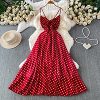 Robe Camisole Rouge Rétro à Pois avec Lacets et Col en V pour Femme, Élégante et Fluide, Jupe Longue Ample pour l'Été