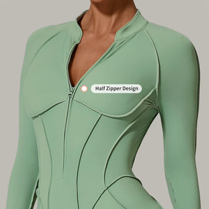 Biểu Tượng Tùy Chỉnh Của Phụ Nữ Dài Tay Áo Dây Kéo Thể Thao Chặt Chẽ Bodysuit Phụ Nữ Thoáng Khí Backless Mông Nâng Workout Rompers Áo Liền Quần - Product Image 5