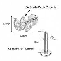 Aopo Grand ASTM F136 Titanium 16G Mini Beaded Sun Labret Stud CZ Flower Tragus Cartilage Helix Conch Nose Piercing Perhiasan Tubuh