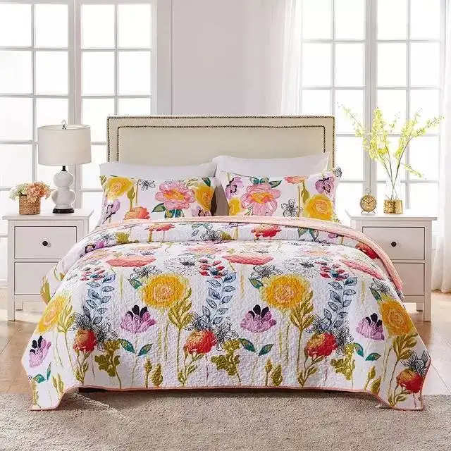 Juego de colcha con estampado de flores para el hogar, juego de cama de 3 piezas con estampado de flores y planta verde