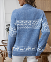 Pulls de Noël FNJIA pour femmes, pull en tricot jacquard bleu flocon de neige, col montant en chenille, pull en tricot d'hiver OEM