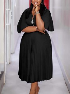 Robes d'été élégantes grande taille, décontractées, à manches courtes, col en V, mi-longues, plissées, avec fermeture éclair, style africain, pour le bureau. - Product Image 3