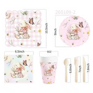 DAMAI Fournitures de fête de Pâques, assiettes en papier, gobelets, serviettes, lapin rose et fleurs printanières, vaisselle de fête pour 8 invités - Product Image 6