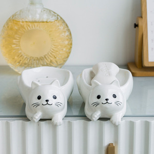 Ceramic Cat Soap Dish White Pottery Self Drain Design For Home Office Use - Product Image 3