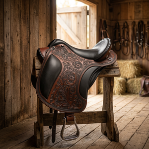 Selle anglaise de qualité supérieure BS International, bride confortable pour cheval, fabriquée en cuir de vache et de buffle véritable d'Uttar Pradesh, Wood Race - Product Image 1