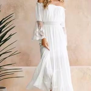 Nuevo Vestido de Verano para Mujer, Estilo Europeo, de Gasa, con Encaje Blanco, Color Sólido, Hombros Descubiertos y Mangas Largas - Product Image 2