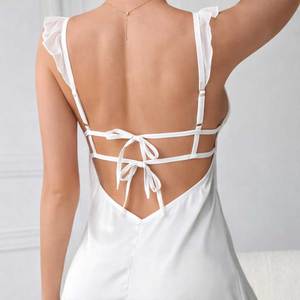 Robe <span class=keywords><strong>de</strong></span> nuit élégante et sexy pour femmes, <span class=keywords><strong>en</strong></span> satin avec dentelle florale et patchwork, col <span class=keywords><strong>en</strong></span> V, avec logo sur le devant, pour la maison - Product Image 2