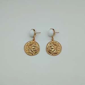 Fashion Drop <b>Earrings</b> Gold Plated 316L Stainless Steel Coin Pendant With White Bead Studs - Product Image 1