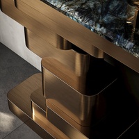 Table console minimaliste et moderne en bois avec dessus en marbre pour salon de style européen avec cadre en or pour couloir, entrée, escalier
