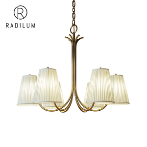Lámpara de Araña Vintage para Decoración de Vestíbulo de Hotel, de Latón Sólido con Pantalla de Tela Plegada, 6 Luces LED, Estilo Rústico, Colgante de Cadena, Latón Austriaco - Product Image 1