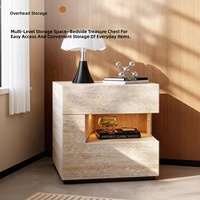 Table de chevet flottante moderne en bois massif Travertin Wabi-Sabi avec éclairage intégré et rangement 2 tiroirs - Meilleure vente pour chambre à coucher