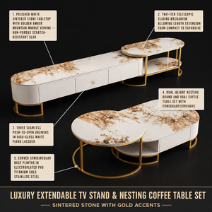 <span class=keywords><strong>Table</strong></span> Basse Ovale Moderne de Luxe en Bois et Marbre, Extensible, Dorée, pour Salon, avec Tiroirs, Meuble Design en Acier Inoxydable - Product Image 4