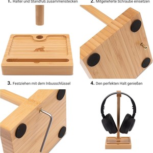 Bamboo <b>Headphone</b> <b>Stand</b> With Phone Holder Desktop Organizer For Over Ear <b>Headphones</b> And Smartphone Storage Rack - Product Image 3