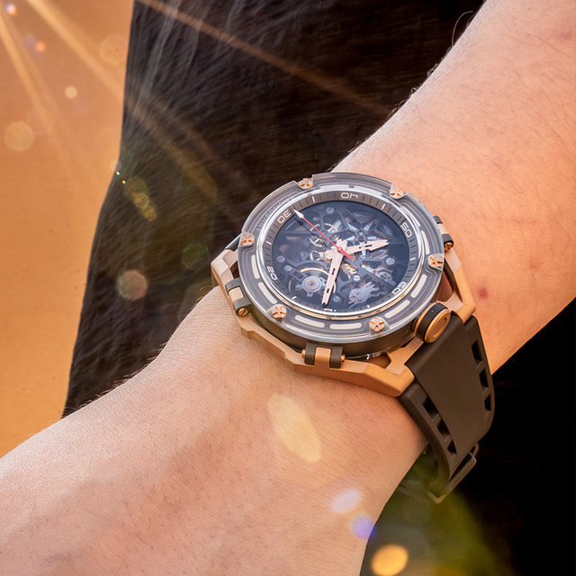 43mm Automatic Men's Mechanical Watch with Power Reserve-Hangzhou Movement Carbon Fiber Case Luminous Hands Black Rubber Strap